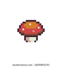 Fly agaric mushroom pixel art icon vector illustration. Mushroom element design for stickers, logo, mobile app. Video game assets 80s 8-bit.