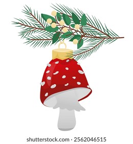 Fly agaric, mushroom with a red cap with white specks. Christmas tree toy in the form of a fly agaric mushroom on a spruce branch. Vector illustration for a poster, greeting card and design for kids.