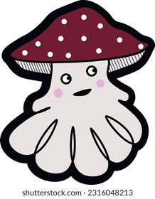 fly agaric mushroom with rosy cheeks. smiles. in a skirt. black border sticker