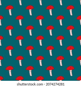 fly agaric mushroom seamless pattern hand drawn. vector, minimalism, scandinavian, trendy colors 2022, green, red. poisonous, textiles wallpaper wrapping paper background