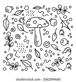 Fly agaric Pilze Set mit Beeren und Blättern in schwarzer Farbe einzeln auf weißem Hintergrund für Herbst- oder Thanksgiving-Karten, T-Shirt-Design, Farbseite. Vektorgrafik