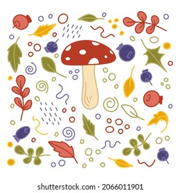 Fly agaric Pilze Set mit Beeren und Blättern in Farbe einzeln auf weißem Hintergrund für Herbst- oder Thanksgiving-Karten, T-Shirt-Design, Farbseite. Vektorgrafik