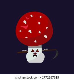 fly agaric mushroom with triangular eyes and a sharp scythe behind the back cartoon character for Halloween object on a dark night background