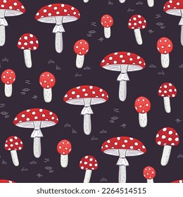 Fly agaric mushroom vector seamless pattern.