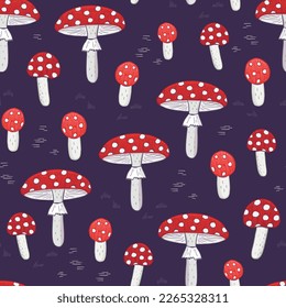 Fly agaric mushroom vector seamless pattern.