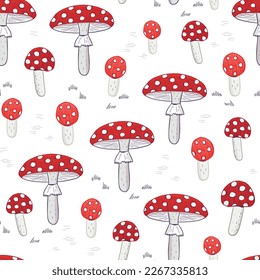 Fly agaric mushroom vector seamless pattern.