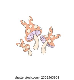 Fly agaric mushrooms with bunny ears. Hippy groovy Easter concept. Vector illustration isolated on white.