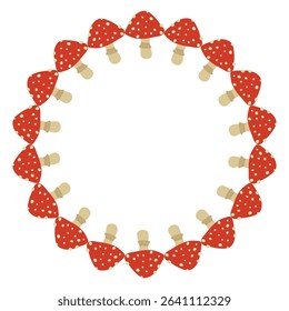 Fly agaric mushrooms circle frame. Round border made of amanita mushrooms. Vector flat wreath isolated on white background