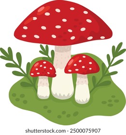 Fly agaric mushrooms in a forest clearing. A color image of fly agaric in a mushroom meadow. Vector illustration for children's books and biology textbooks, children's books, web design and menus.