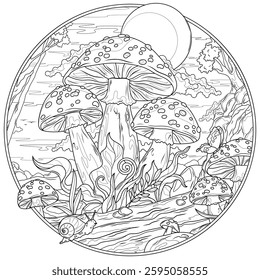 Fly agaric mushrooms in the forest in a round frame.Coloring book antistress for children and adults. Illustration isolated on white background.