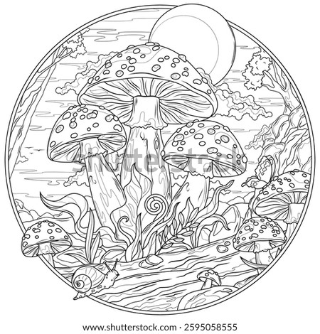 Fly agaric mushrooms in the forest in a round frame.Coloring book antistress for children and adults. Illustration isolated on white background.