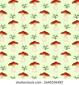 Fly agaric mushrooms in a pattern.Vector seamless pattern with fly agaric mushrooms on a colored background.