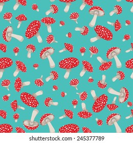 Fly agaric mushrooms seamless pattern.