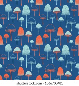 Fly agaric Mushrooms seamless vector pattern orange red blue 