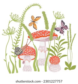 Fly agaric mushrooms, snail and butterflies.Various meadow grass.Summer seasonal colorful print on fabric and paper.Set of elements isolated on white background.Vector cartoon flat style illustration.