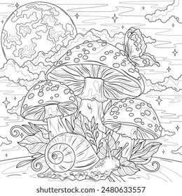 Fly agaric mushrooms with snail and butterfly against the background of the moon.Coloring book antistress for children and adults. Illustration isolated on white background. Hand draw