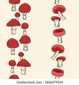 Fly Agaric Mushrooms Vector Seamless Vertical Borders Set