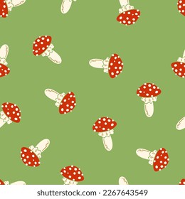 Fly agaric mushrooms vector seamless pattern. Forest children's texture.