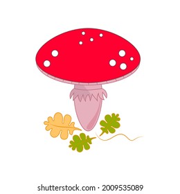 Fly agaric on a white background with leaves at the foot.