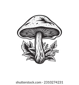 Fly agaric. Poison mushroom. Ink vector illustration. Linocut print. Black monochrome design. Botanic, nature.