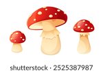 Fly agaric, poisonous mushroom, toadstool. Red cap with white dots, white stem. Fairytale mushroom toadstool. Element of forest, fairytale design for postcards, posters, books.