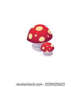 Ícone vetorial de cogumelos venenosos de mosca agárica. Toadstool cogumelo ou amanita não comestível com tampa de pontos vermelhos. Desenhos animados de cogumelos de fantasia adereços de jogo. Lixir de poção de bruxas, fungos de veneno de bruxo