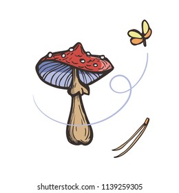 Fly Agaric. Red Amanita Mushroom, needles and flying moths. Hand Drawn Isolated Illustration.