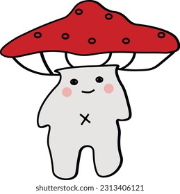 volar agaric con una gorra roja. ojos y labios. sonrisas. mejillas rosadas. pegatina.