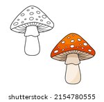 Fly agaric with red cap mushroom and white dots. Line and cartoon vector illustration for kids coloring page and book. Inedible mushroom isolated on white background