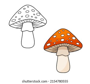 Fly agaric and red cap mushroom   white dots  Line   cartoon vector illustration for kids coloring page   book  Inedible mushroom isolated white background