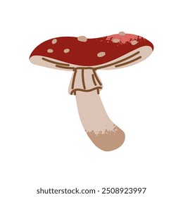 Voe agárico com tampa vermelha e manchas. Amanita, toadstool. Cogumelo não comestível, boleto venenoso, fungo venenoso. Ícone desenhado à mão da natureza da floresta de outono. Ilustração de vetor isolado plano em branco