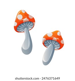 Fly agaric with red cap and white dots in cartoon style. Mushroom design for Halloween holiday. Vector illustration isolated on a white background.