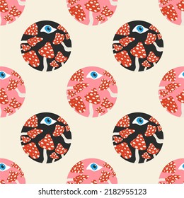 Fly agaric red mushroom and blue eye in a circle, seamless pattern. Vector hand drawn doodle cartoon illustration design.
