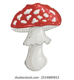 Fly agaric red mushroom for Halloween. Trendy flat style magic mushroom isolated on white. Vector illustration of forest mushroom.