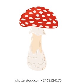 Mosca de setas venenosas rojo agárico. Dibujado a mano Amanita muscaria. Hongo de bosque alucinógeno y psicodélico. Hongo mágico de estilo plano de moda aislado en blanco. Ilustración vectorial