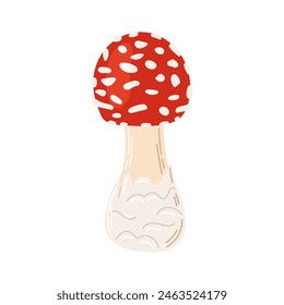 Mosca de setas venenosas rojo agárico. Dibujado a mano Amanita muscaria. Hongo de bosque alucinógeno y psicodélico. Hongo mágico de estilo plano de moda aislado en blanco. Ilustración vectorial