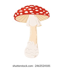 Mosca de setas venenosas rojo agárico. Dibujado a mano Amanita muscaria. Hongo de bosque alucinógeno y psicodélico. Hongo mágico de estilo plano de moda aislado en blanco. Ilustración vectorial