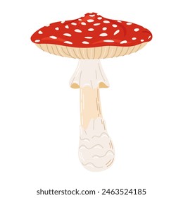 Mosca de setas venenosas rojo agárico. Dibujado a mano Amanita muscaria. Hongo de bosque alucinógeno y psicodélico. Hongo mágico de estilo plano de moda aislado en blanco. Ilustración vectorial