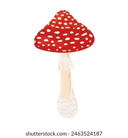 Mosca de setas venenosas rojo agárico. Dibujado a mano Amanita muscaria. Hongo de bosque alucinógeno y psicodélico. Hongo mágico de estilo plano de moda aislado en blanco. Ilustración vectorial