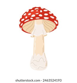 Mosca de setas venenosas rojo agárico. Dibujado a mano Amanita muscaria. Hongo de bosque alucinógeno y psicodélico. Hongo mágico de estilo plano de moda aislado en blanco. Ilustración vectorial