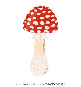 Mosca de setas venenosas rojo agárico. Dibujado a mano Amanita muscaria. Hongo de bosque alucinógeno y psicodélico. Hongo mágico de estilo plano de moda aislado en blanco. Ilustración vectorial