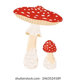 Volar setas venenosas de color rojo agárico. Hongo grande y Pequeño dibujado a mano Amanita muscaria. Hongo de bosque alucinógeno y psicodélico. Hongo mágico de estilo plano de moda aislado en blanco. Ilustración vectorial