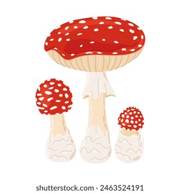 Volar setas venenosas de color rojo agárico. Hongo grande y Pequeño dibujado a mano Amanita muscaria. Hongo de bosque alucinógeno y psicodélico. Hongo mágico de estilo plano de moda aislado en blanco. Ilustración vectorial