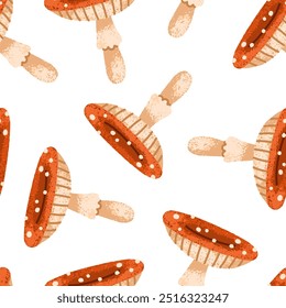 Fly agaric, seamless autumn pattern. Amanita, endless fall season background, repeating print. Mushrooms, forest fungi texture for textile, fabric, wrapping, wallpaper design. Flat vector illustration