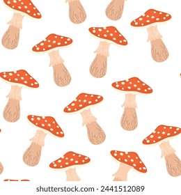 Fly agaric, seamless pattern. Amanita, endless background, repeating print. Autumn mushrooms, forest fungi texture design for textile, fabric, wrapping, wallpaper. Natural flat vector illustration