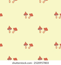 Fly agaric, seamless pattern. Amanita, endless background, repeating print. Autumn mushrooms, forest fungi texture design for textile, fabric, wrapping, wallpaper. Natural flat vector illustration