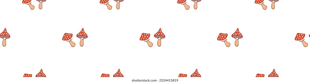 Fly agaric, seamless pattern. Amanita, endless background, repeating print. Autumn mushrooms, forest fungi texture design for textile, fabric, wrapping, wallpaper. Natural flat vector illustration