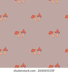 Fly agaric, seamless pattern. Amanita, endless background, repeating print. Autumn mushrooms, forest fungi texture design for textile, fabric, wrapping, wallpaper. Natural flat vector illustration