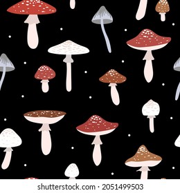 Fly agaric seamless pattern. Hand drawn vector illustration wish mushrooms. Texture with poisonous mushroom. Autumn collection.