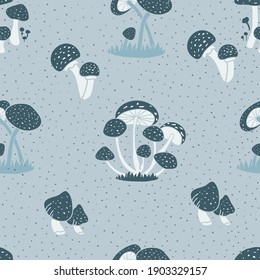 Fly Agaric Seamless Pattern. Mushrooms Design Pattern Blue.